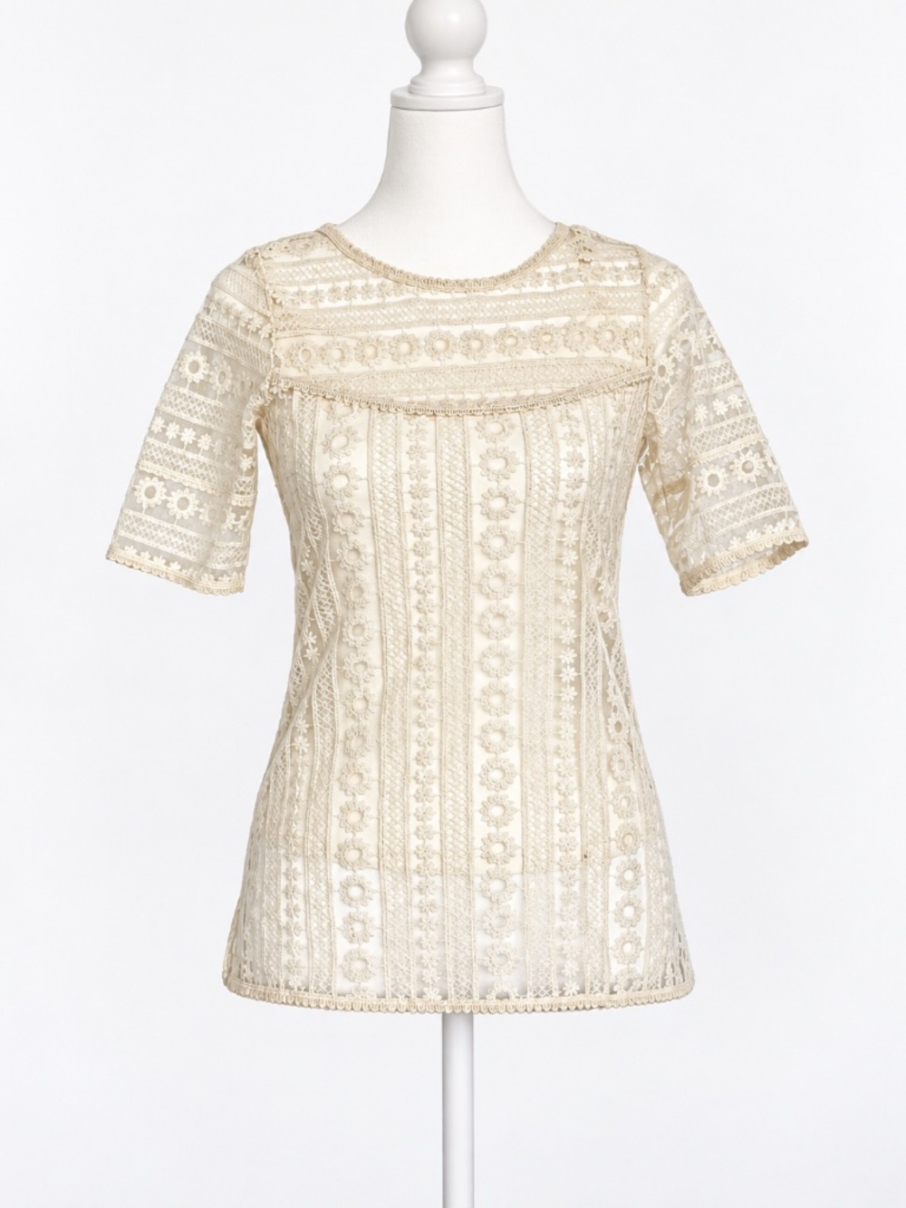 Massimo Dutti XS Ivory Embroidered Lace Sheer Blouse Short Sleeve